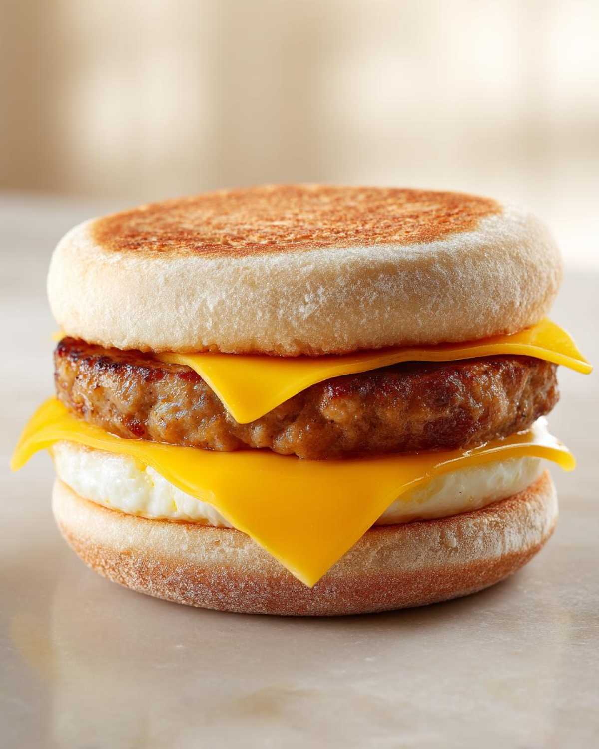 A perfectly assembled Copycat McDonald's Sausage Egg McMuffin featuring toasted English muffin, sausage patty, egg, and melted cheese.
