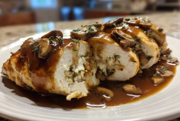 Cross-section of Copycat Olive Garden Stuffed Chicken Marsala covered in mushroom Marsala sauce.