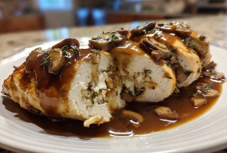 Cross-section of Copycat Olive Garden Stuffed Chicken Marsala covered in mushroom Marsala sauce.
