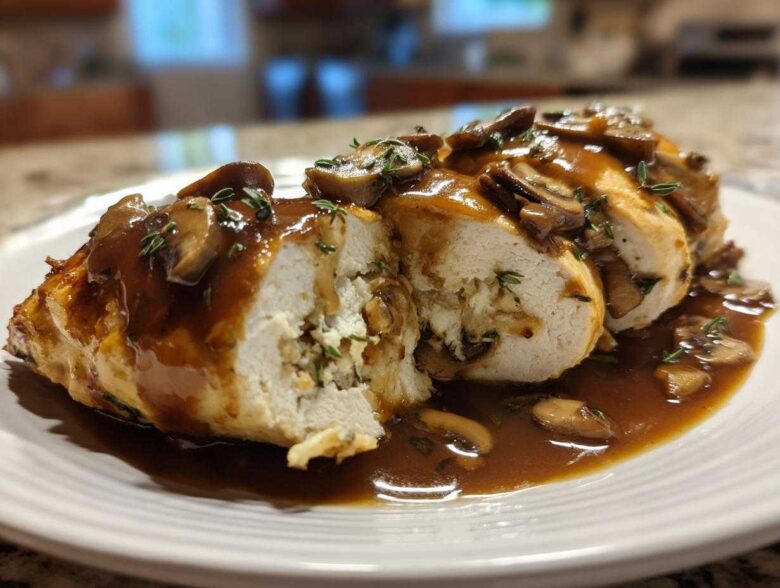 Cross-section of Copycat Olive Garden Stuffed Chicken Marsala covered in mushroom Marsala sauce.