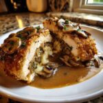 Cross section of Copycat Olive Garden Stuffed Chicken Marsala showing melted cheese and mushroom stuffing, topped with mushroom gravy.