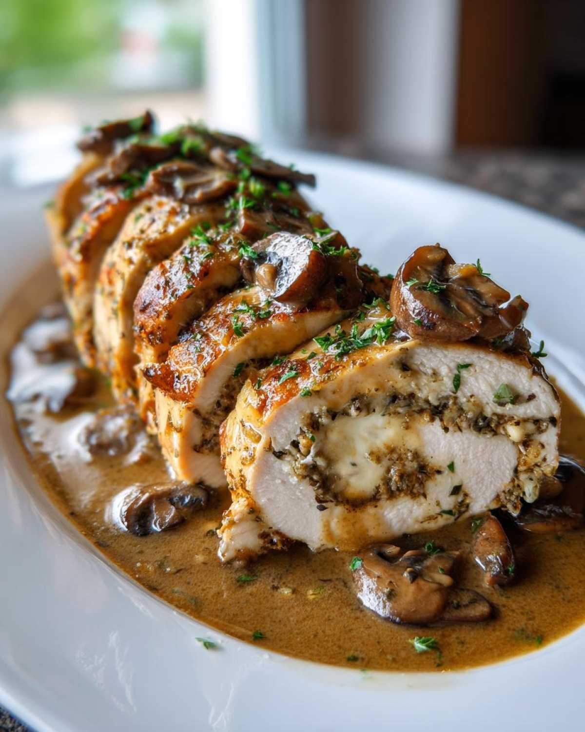 Close-up of sliced Copycat Olive Garden Stuffed Chicken Marsala topped with mushrooms and sauce.