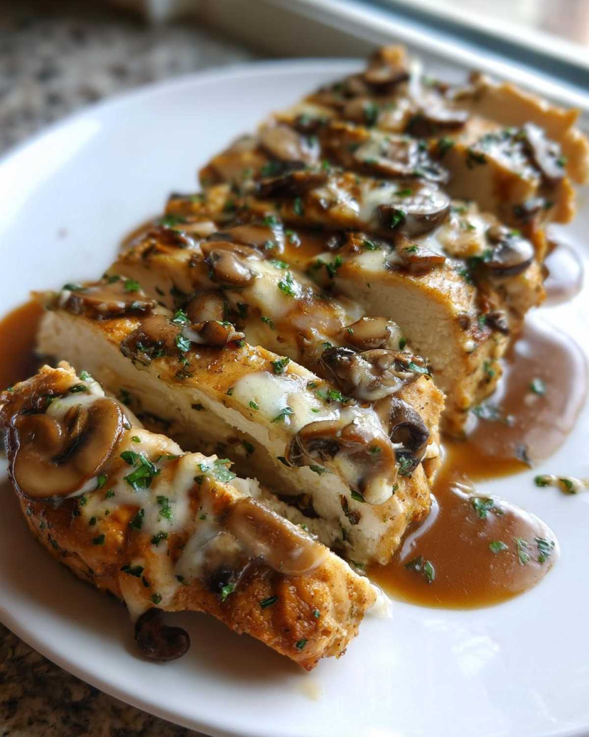 Close-up of sliced Copycat Olive Garden Stuffed Chicken Marsala topped with melted cheese, mushrooms, and brown sauce.