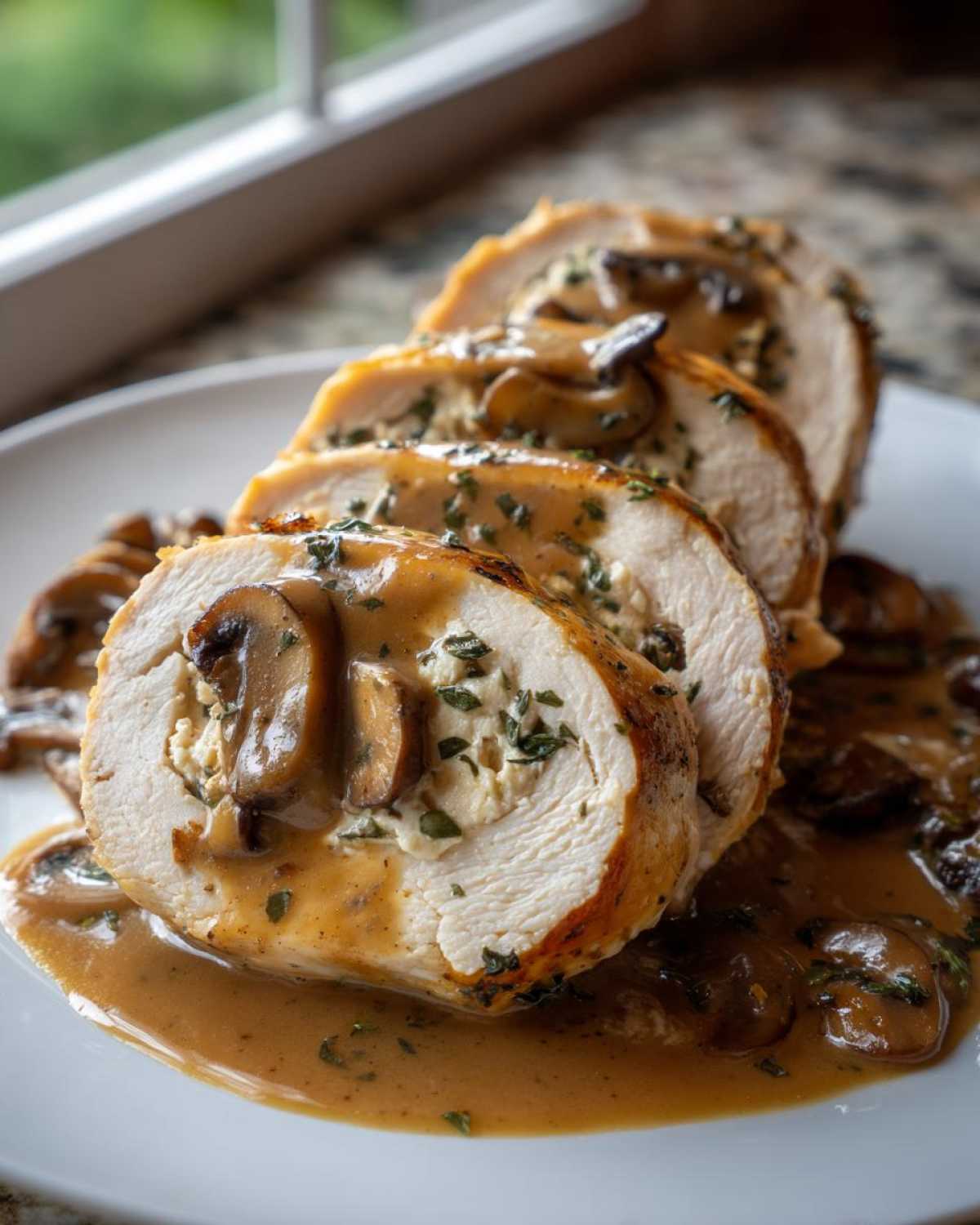 Four slices of Copycat Olive Garden Stuffed Chicken Marsala topped with mushroom Marsala sauce.