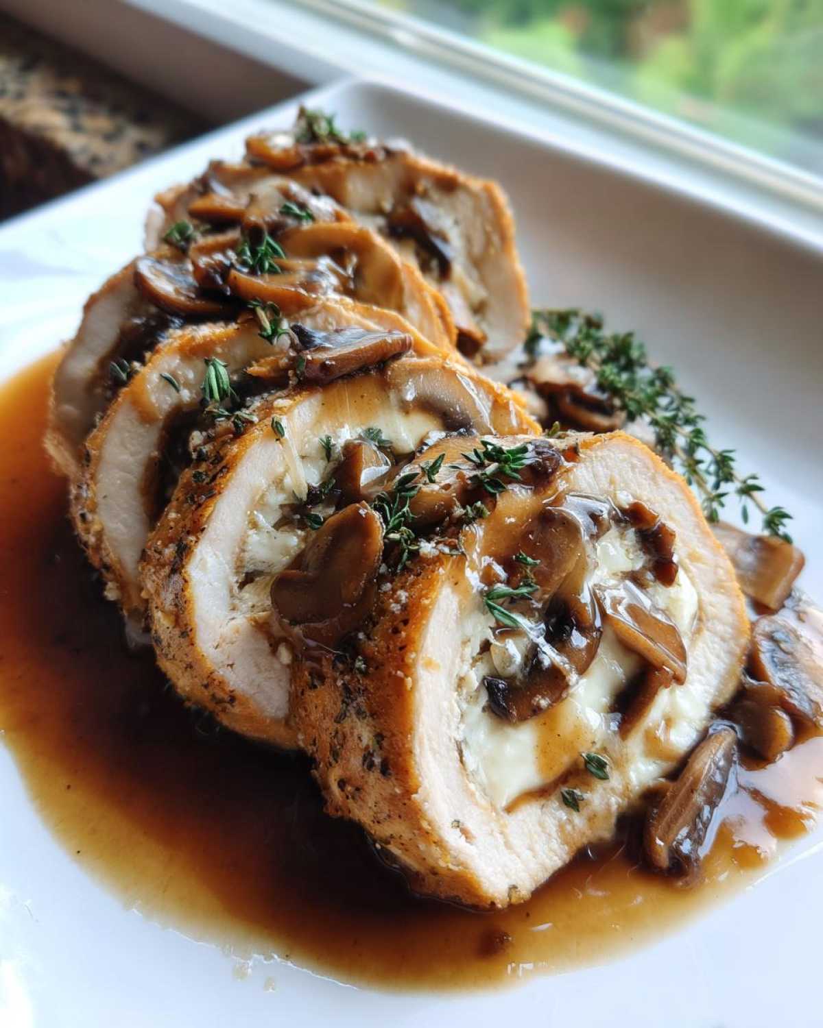 Slices of Copycat Olive Garden Stuffed Chicken Marsala topped with mushrooms and thyme.