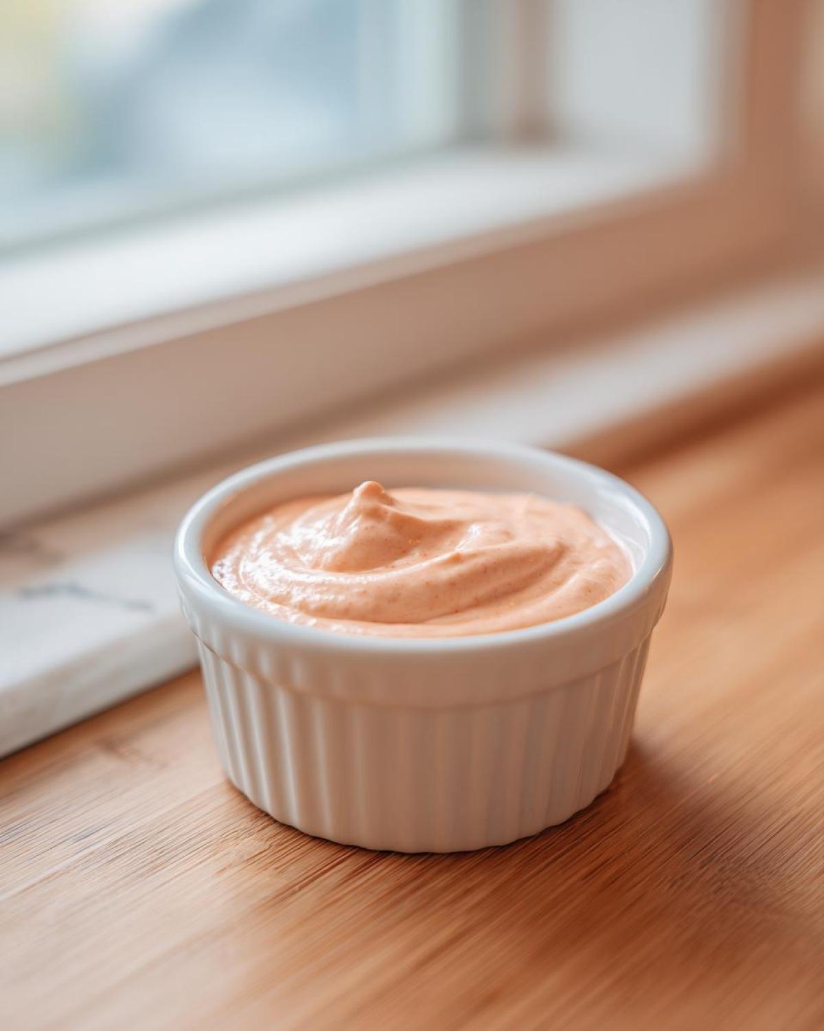 A small white ramekin filled with creamy, orange-tinted Copycat Outback Bloomin' Onion Sauce.