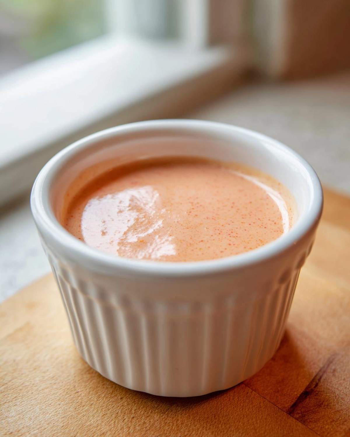 Close-up of creamy, orange-hued Copycat Outback Bloomin' Onion Sauce in a white fluted ramekin.