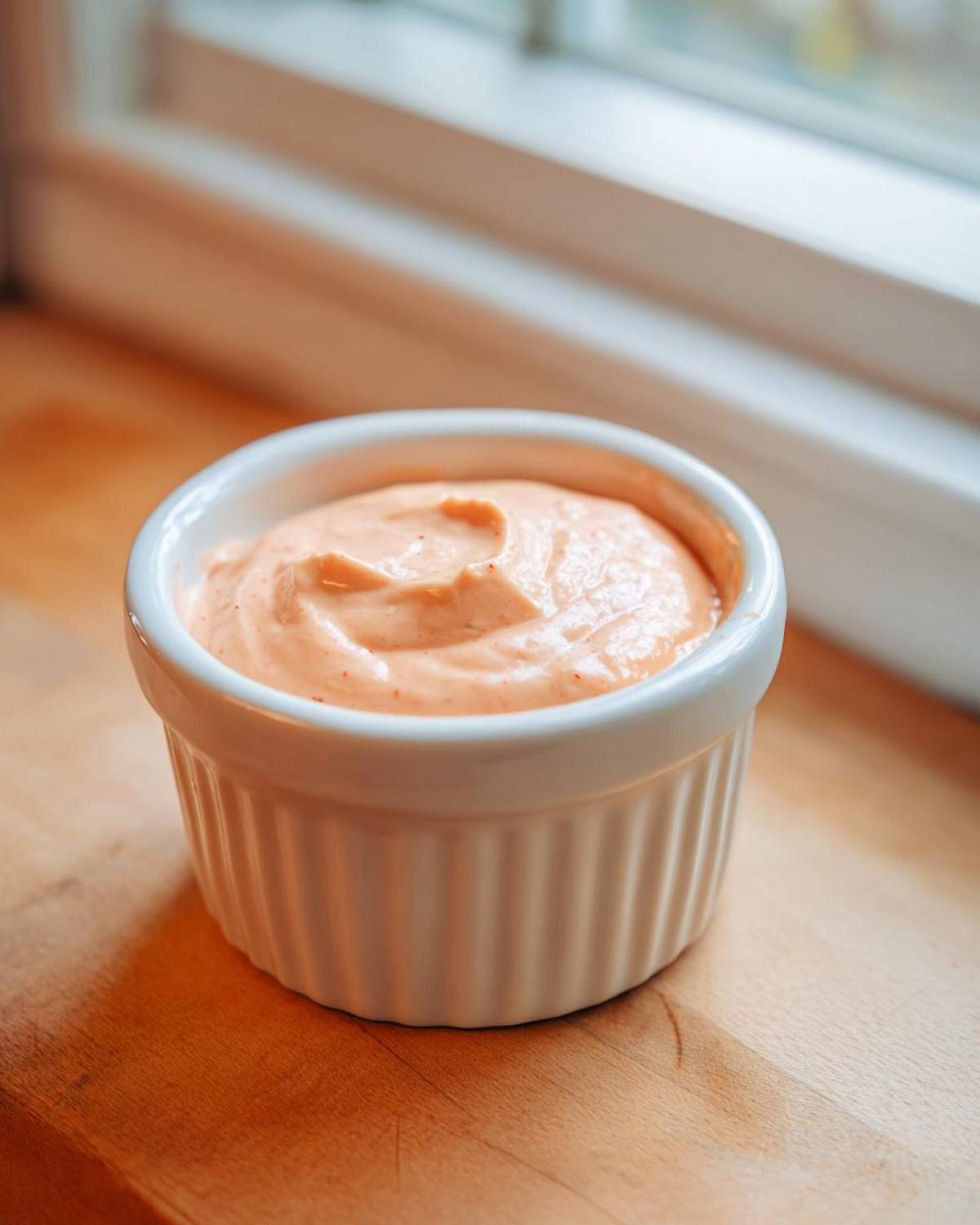A small white ramekin filled with creamy, orange-hued Copycat Outback Bloomin' Onion Sauce.