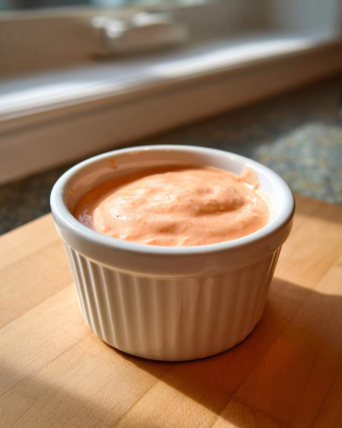 A small white ramekin filled with creamy, orange-hued Copycat Outback Bloomin' Onion Sauce.