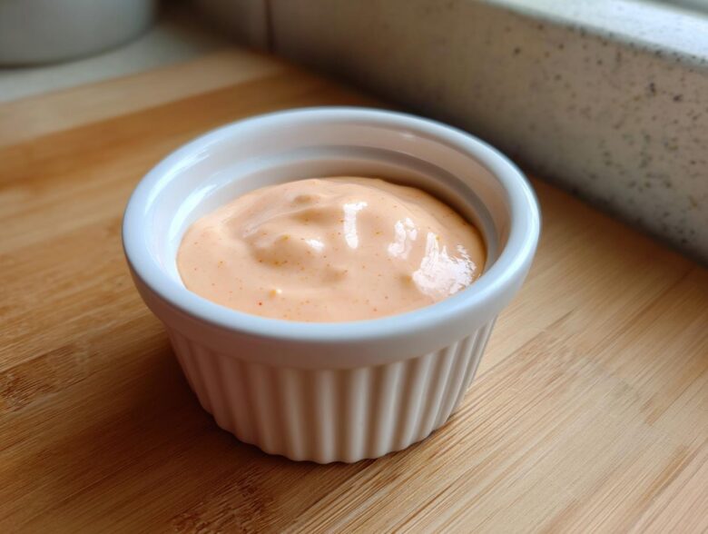 Close-up of creamy, orange-hued Copycat Outback Bloomin' Onion Sauce in a white ramekin.