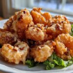 Close-up of crispy, battered shrimp drizzled with creamy sauce and topped with chopped walnuts, served over lettuce.