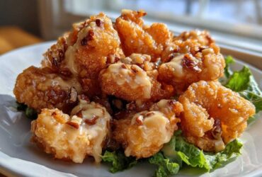 Close-up of crispy, battered shrimp drizzled with creamy sauce and topped with chopped walnuts, served over lettuce.