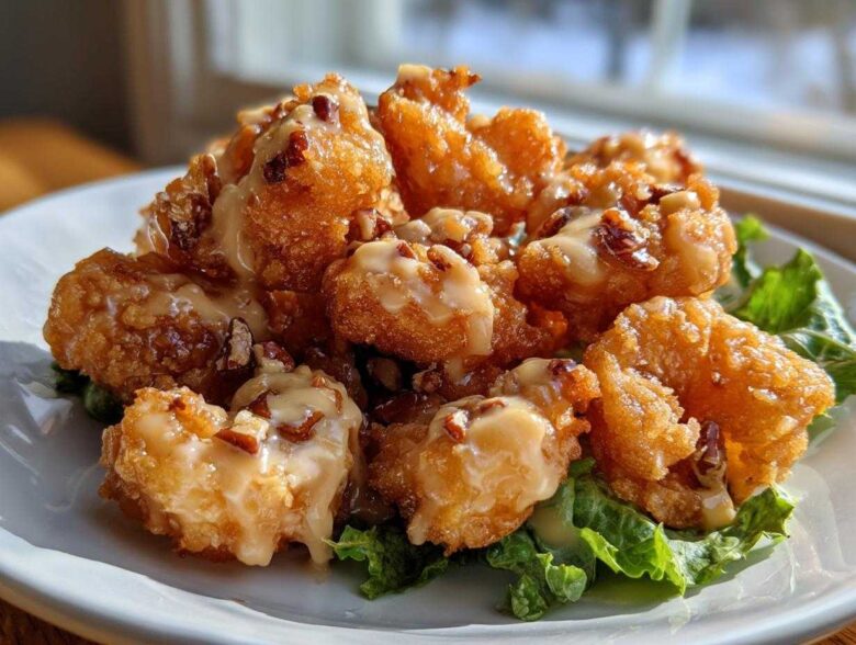 Close-up of crispy, battered shrimp drizzled with creamy sauce and topped with chopped walnuts, served over lettuce.