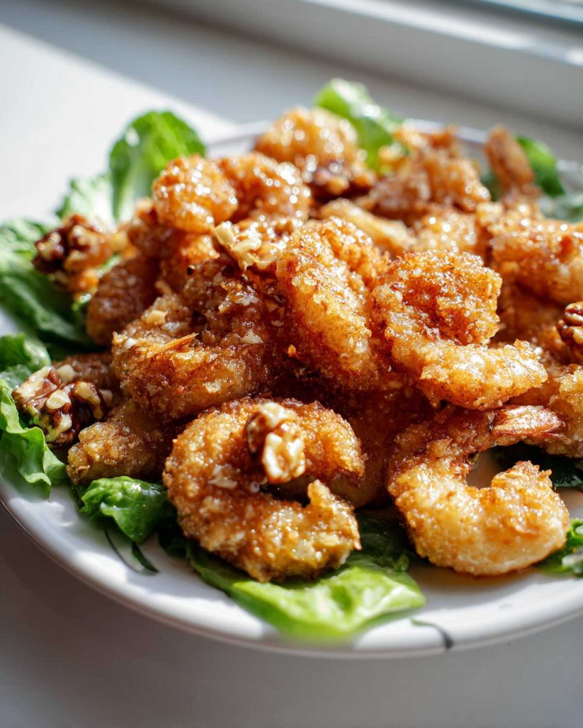 A plate piled high with crispy, glazed Copycat Panda Express Honey Walnut Shrimp served over fresh green lettuce leaves.