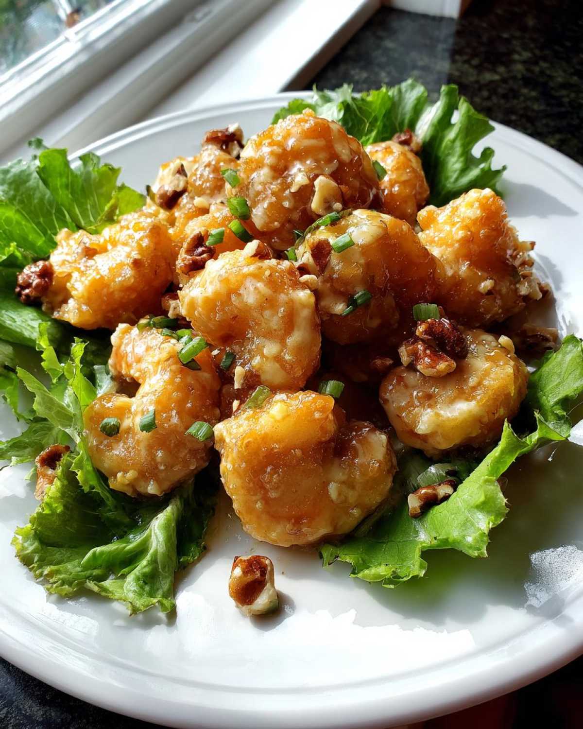 A plate of Copycat Panda Express Honey Walnut Shrimp, coated in creamy sauce and topped with pecans and chives.