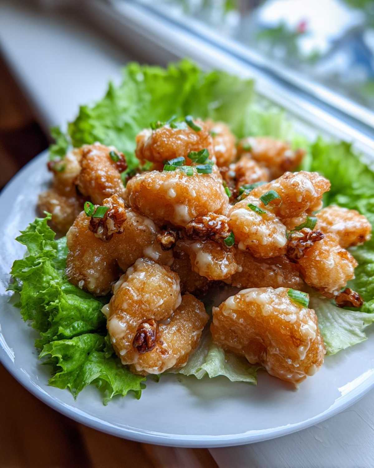 A plate of crispy Copycat Panda Express Honey Walnut Shrimp served over lettuce and garnished with walnuts and chives.