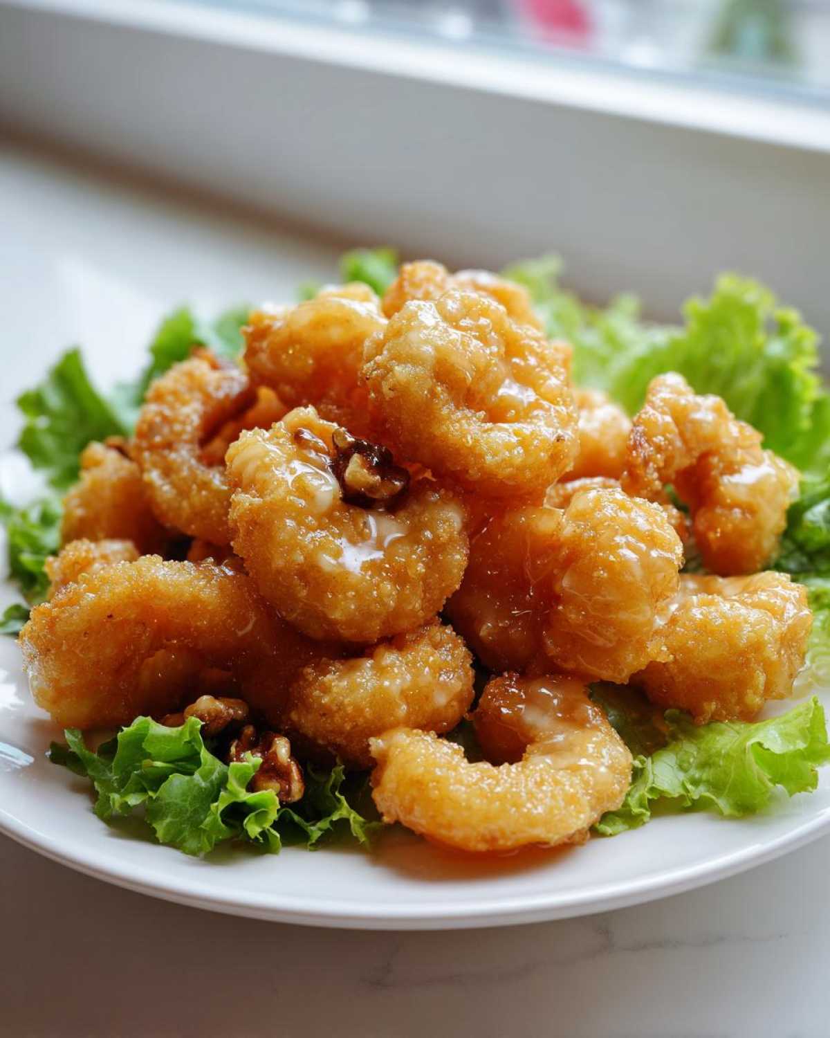 A mound of golden, crispy Copycat Panda Express Honey Walnut Shrimp drizzled with sweet sauce, served over lettuce.