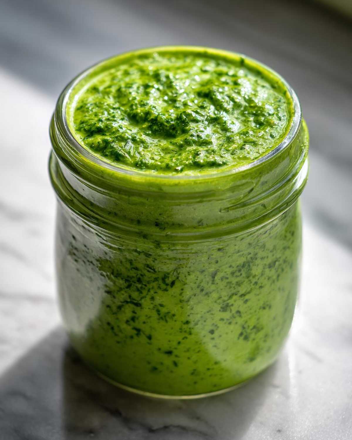 Close-up of vibrant green Copycat Panera Green Goddess Dressing filling a small glass jar.