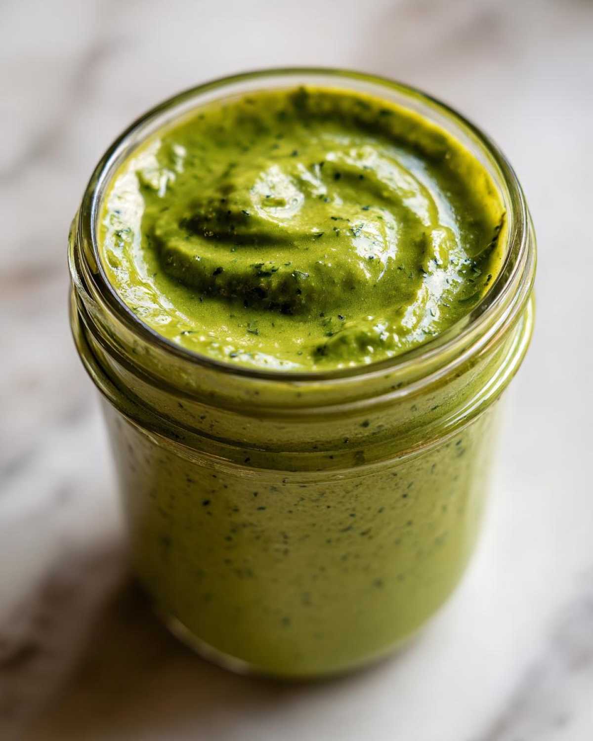 Close-up of vibrant green Copycat Panera Green Goddess Dressing swirled inside a clear glass jar.
