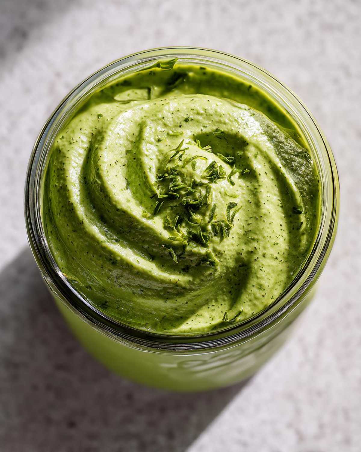 Overhead view of thick, bright green Copycat Panera Green Goddess Dressing swirled in a glass jar, topped with fresh herbs.