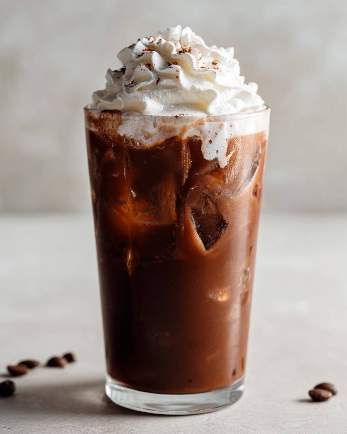 A tall glass filled with Copycat Starbucks Iced White Chocolate Mocha, topped with whipped cream and chocolate shavings.