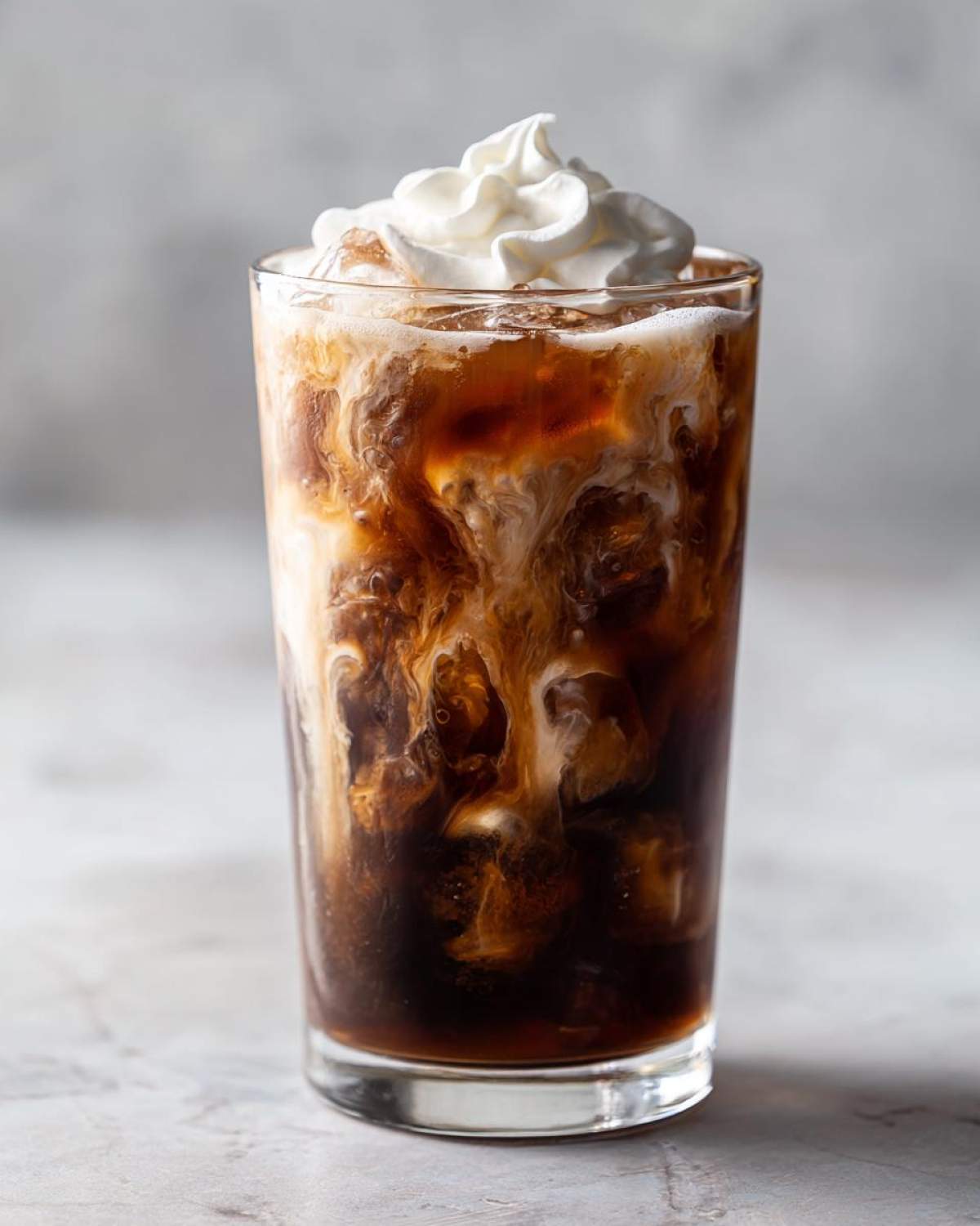 Close-up of a tall glass containing a Copycat Starbucks Iced White Chocolate Mocha with swirling milk and topped with whipped cream.