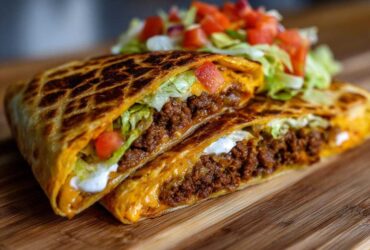 A cross-section view of a grilled Copycat Taco Bell Crunchwrap Supreme filled with seasoned beef, cheese, lettuce, and sour cream.