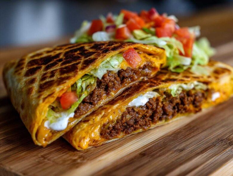 A cross-section view of a grilled Copycat Taco Bell Crunchwrap Supreme filled with seasoned beef, cheese, lettuce, and sour cream.