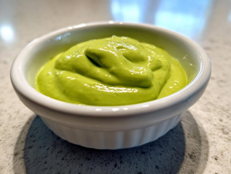 A close-up of vibrant green, thick Creamy Avocado Cilantro Sauce swirled in a small white ramekin.