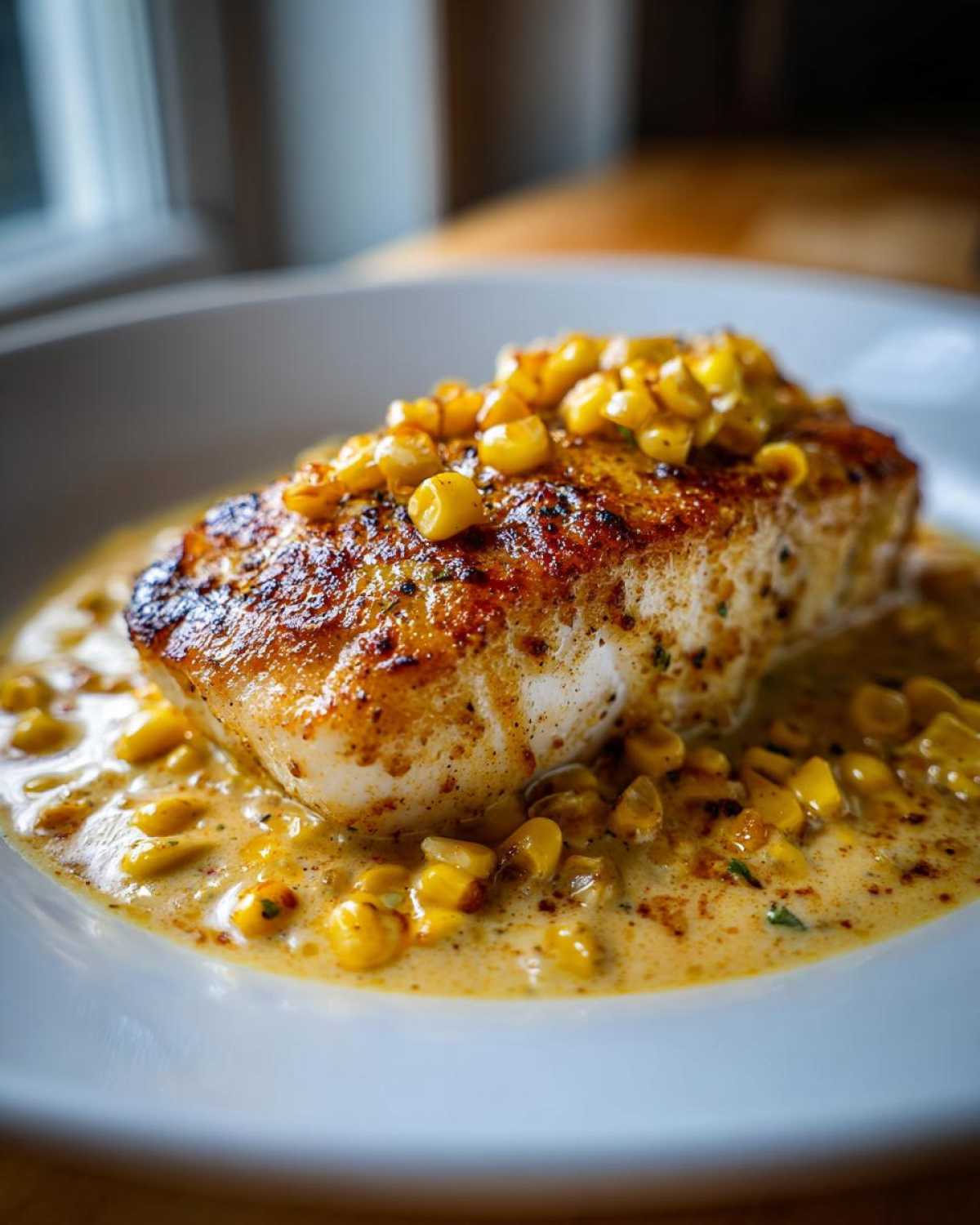 A perfectly seared fillet of One-Pan Creamy Cajun Catfish with Corn served in a rich, creamy sauce.