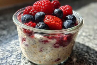 Close-up of Easy Berry Chia Overnight Oats topped with fresh strawberries, blueberries, and raspberries.