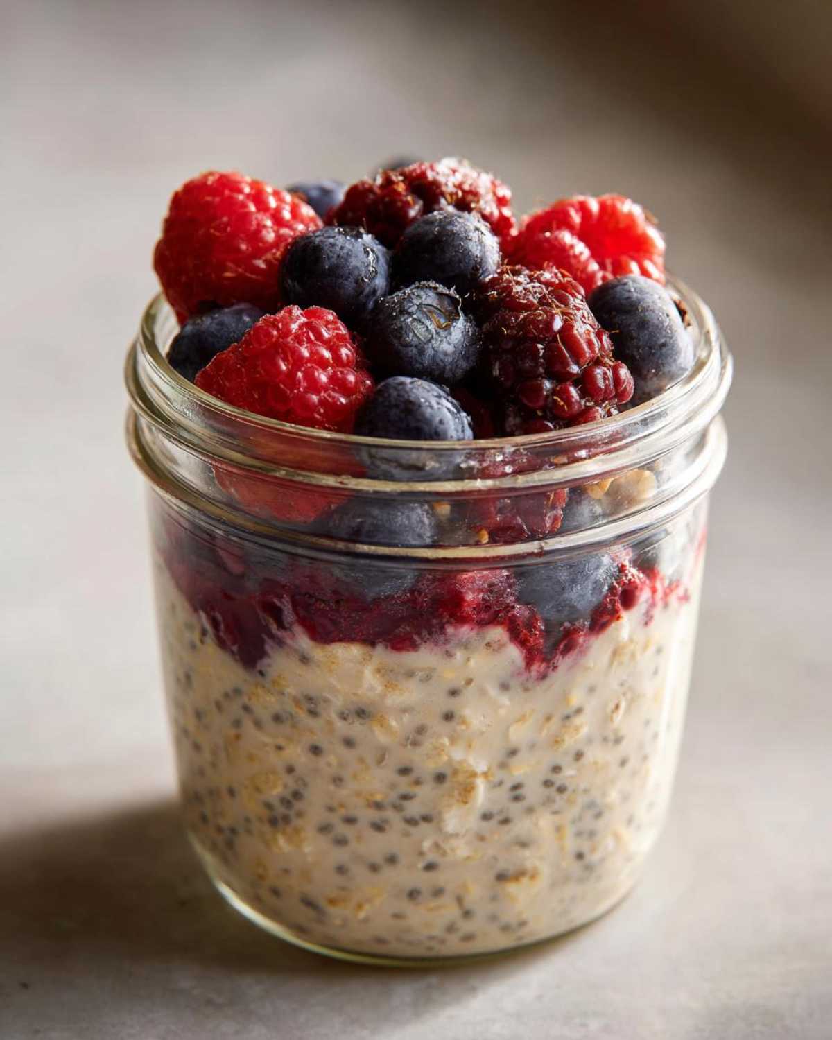 Close-up of Easy Berry Chia Overnight Oats topped with fresh raspberries and blueberries in a glass jar.