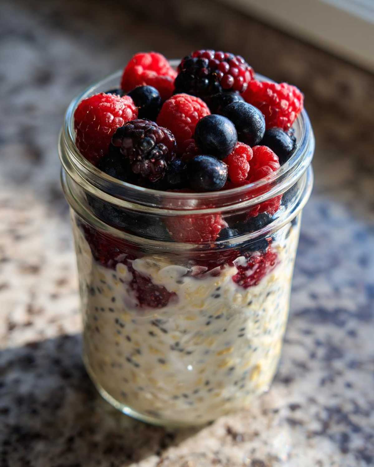 Close-up of Easy Berry Chia Overnight Oats topped with fresh raspberries, blueberries, and blackberries.