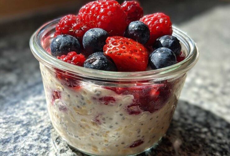 Close-up of Easy Berry Chia Overnight Oats topped with fresh strawberries, blueberries, and raspberries.