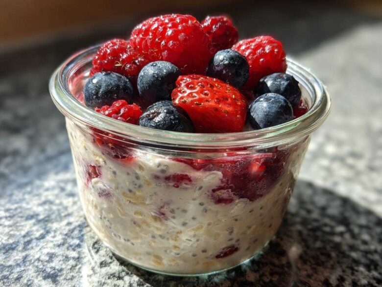 Close-up of Easy Berry Chia Overnight Oats topped with fresh strawberries, blueberries, and raspberries.