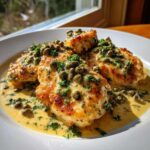 Four servings of Easy Creamy Lemon Chicken Piccata topped with capers and parsley in a rich sauce.