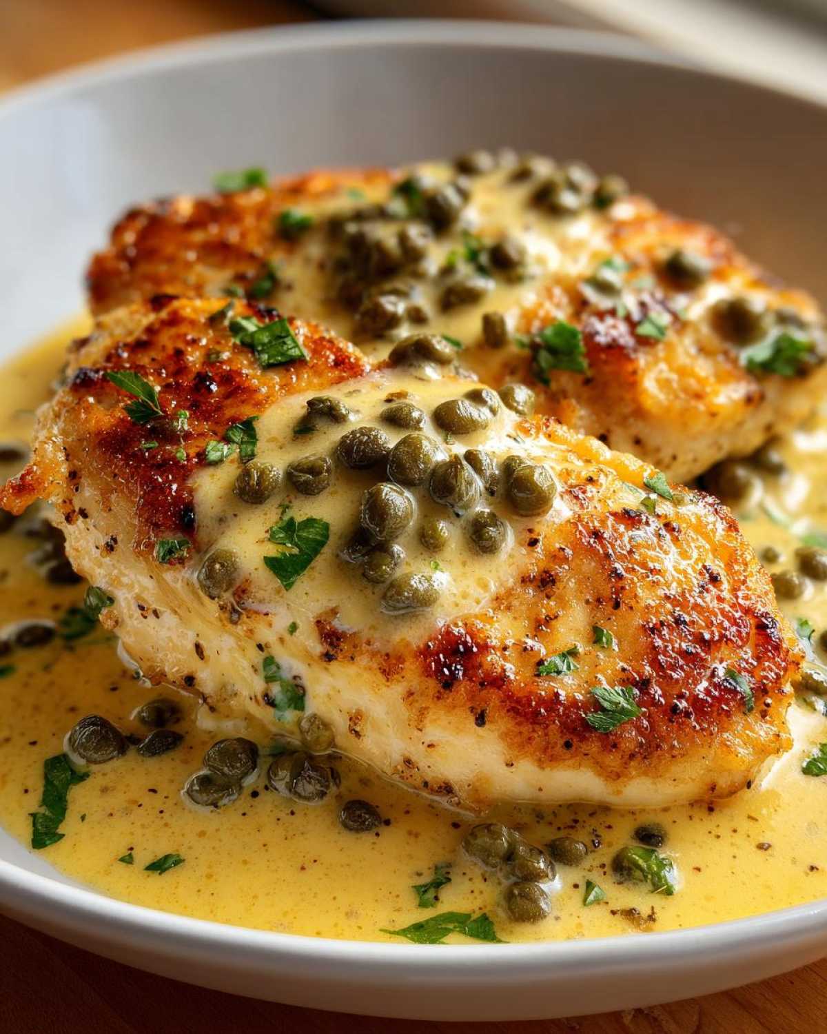 Close-up of two golden-brown chicken breasts covered in creamy lemon sauce and capers for Easy Creamy Lemon Chicken Piccata.