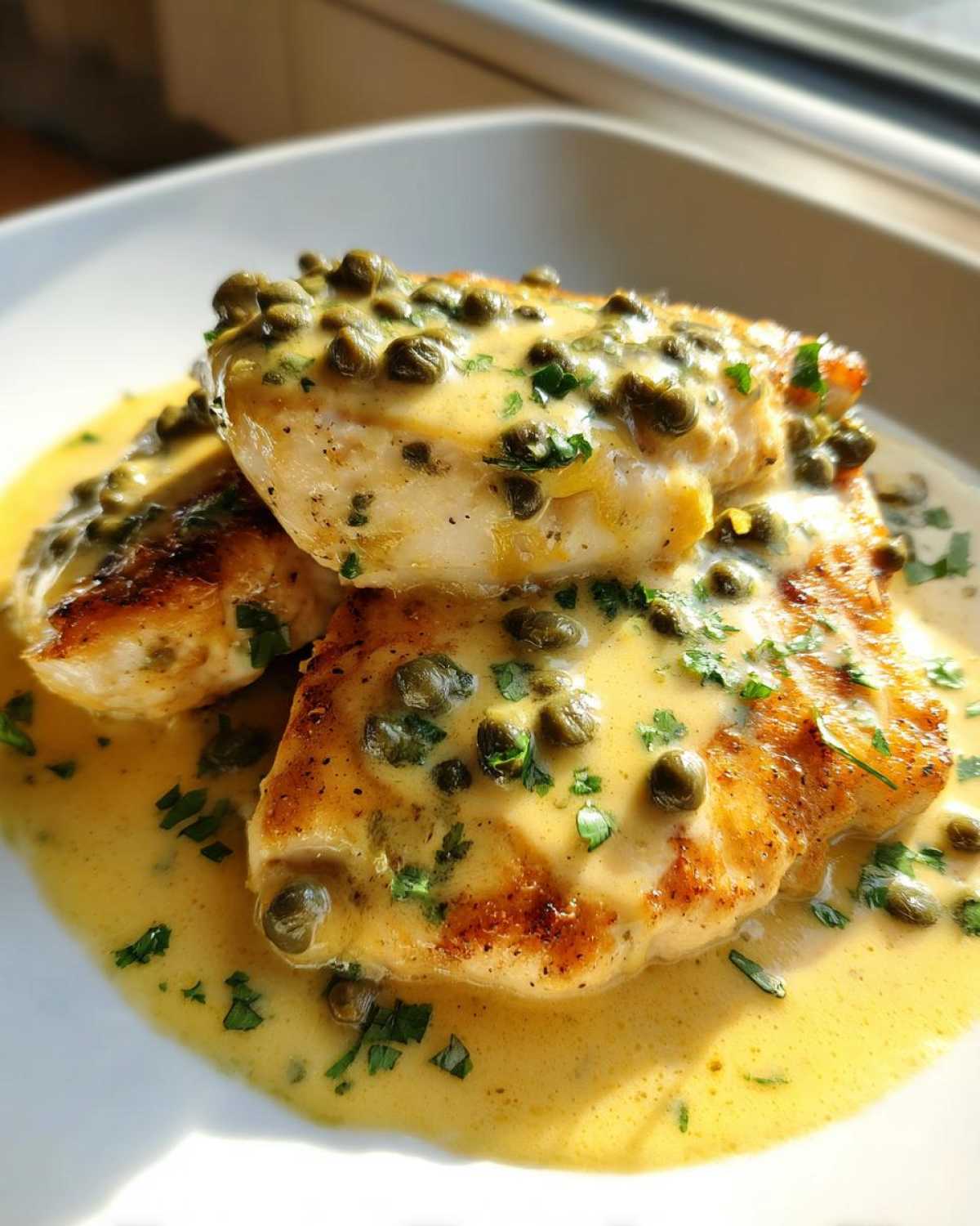 Three pieces of golden-brown chicken breast covered in a rich, creamy lemon sauce and topped with capers and parsley for Easy Creamy Lemon Chicken Piccata.
