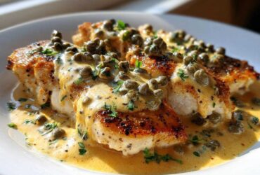 Close-up of pan-seared chicken breasts covered in a creamy lemon sauce and generous capers for Easy Creamy Lemon Chicken Piccata.