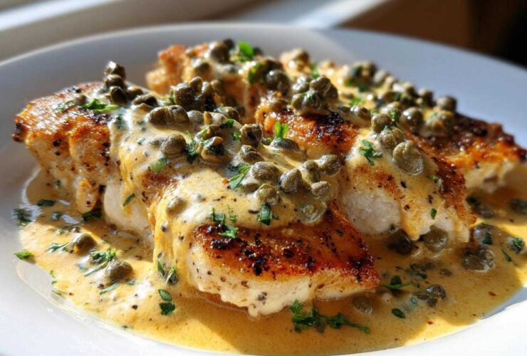 Close-up of pan-seared chicken breasts covered in a creamy lemon sauce and generous capers for Easy Creamy Lemon Chicken Piccata.