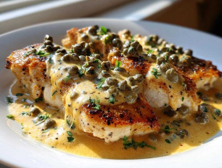 Close-up of pan-seared chicken breasts covered in a creamy lemon sauce and generous capers for Easy Creamy Lemon Chicken Piccata.