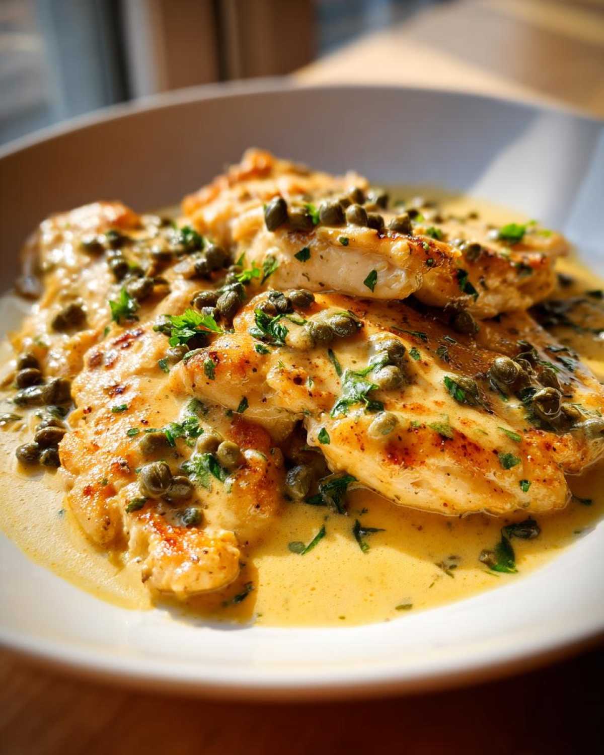 Golden pan-seared chicken breasts covered in a creamy lemon sauce and topped with capers and parsley for Easy Creamy Lemon Chicken Piccata.