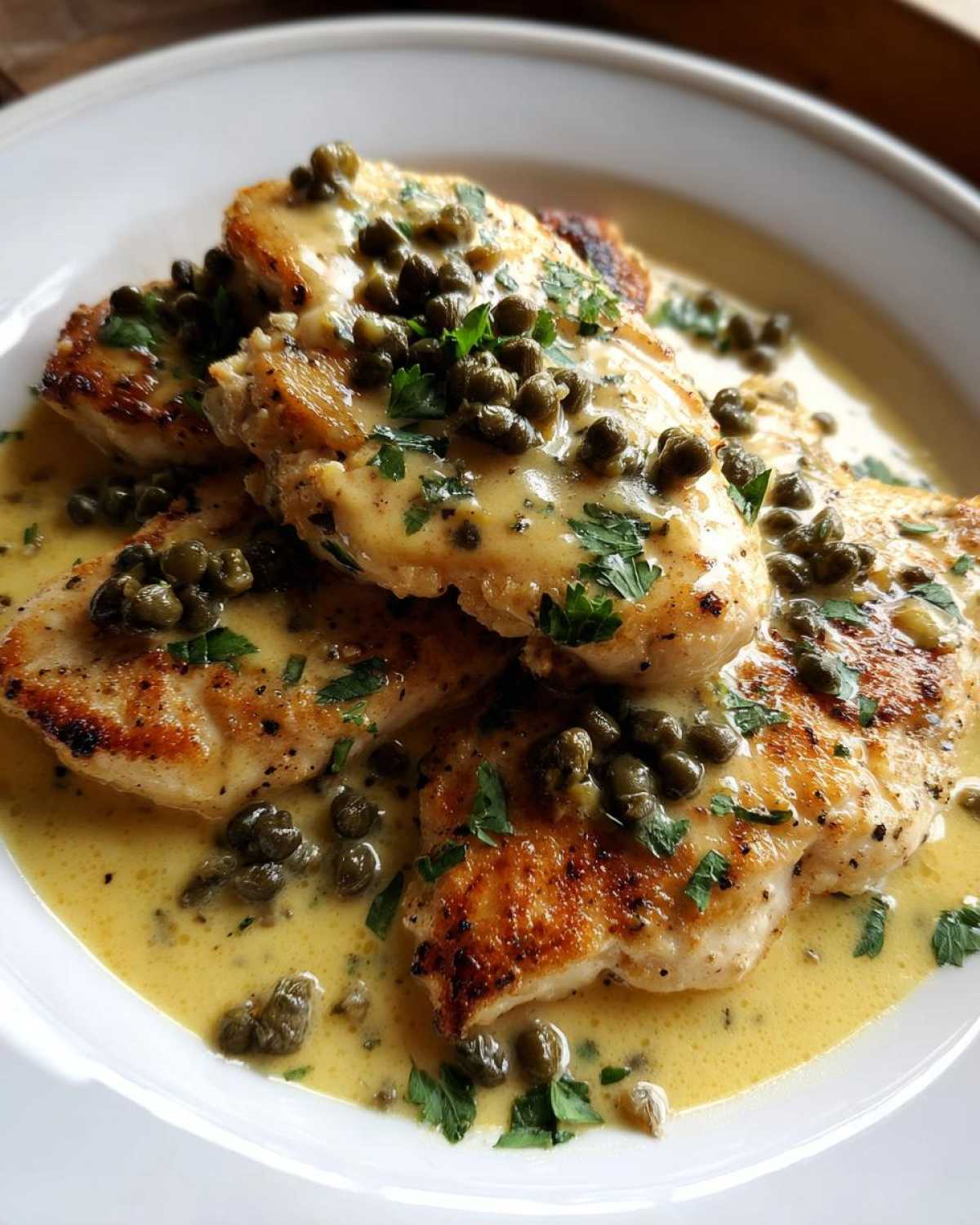 Close-up of golden-brown chicken breasts covered in creamy lemon sauce, capers, and parsley: Easy Creamy Lemon Chicken Piccata.
