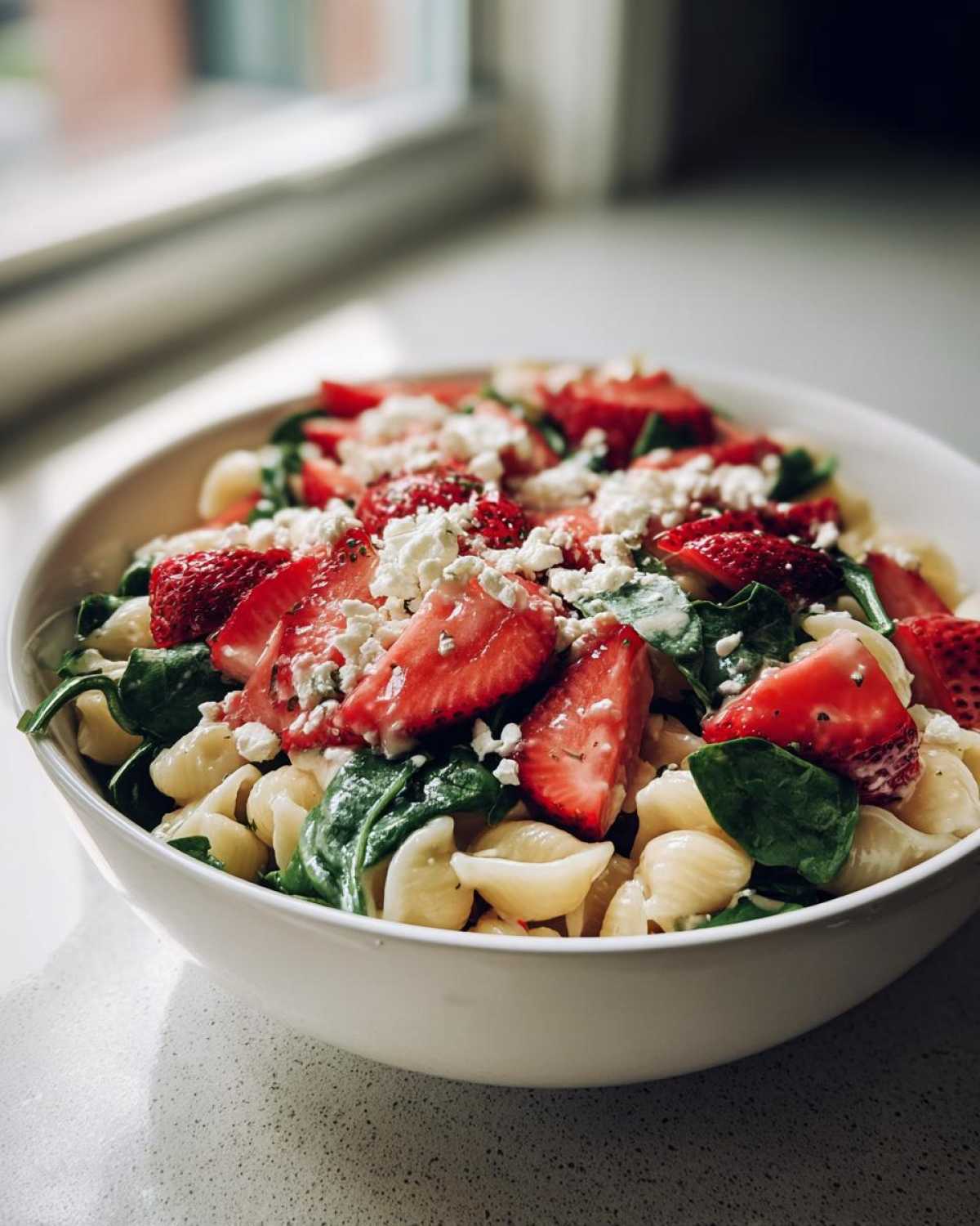 A white bowl filled with Easy Strawberry Spinach Pasta Salad with Feta, featuring pasta shells, sliced strawberries, spinach, and crumbled cheese.