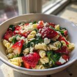 A close-up of Easy Strawberry Spinach Pasta Salad with Feta, featuring rotini pasta, sliced strawberries, spinach, and crumbled feta cheese.