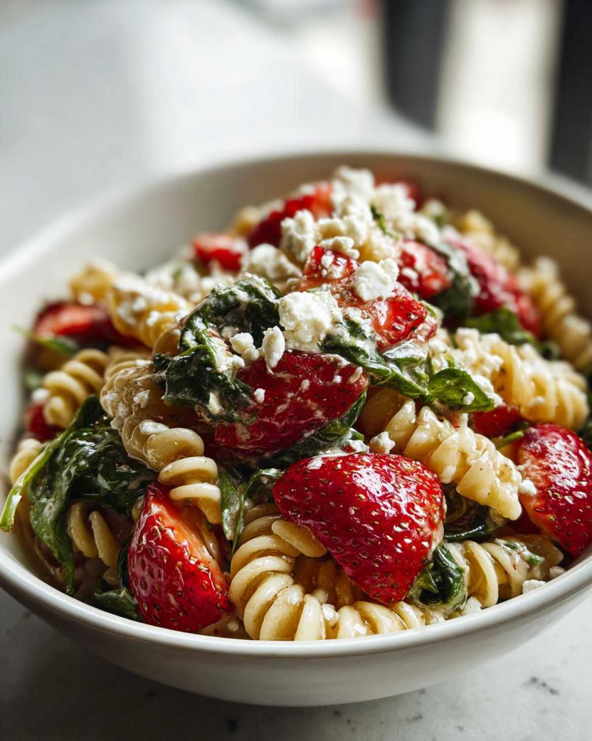 A close-up of Easy Strawberry Spinach Pasta Salad with Feta, featuring rotini pasta, sliced strawberries, spinach, and crumbled feta cheese.