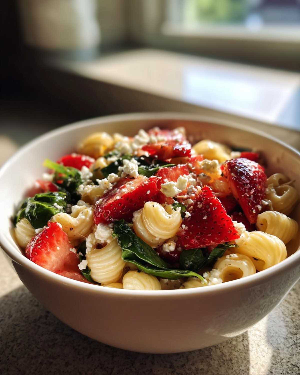 Close-up of a white bowl filled with Easy Strawberry Spinach Pasta Salad with Feta, featuring pasta, sliced strawberries, and crumbled cheese.