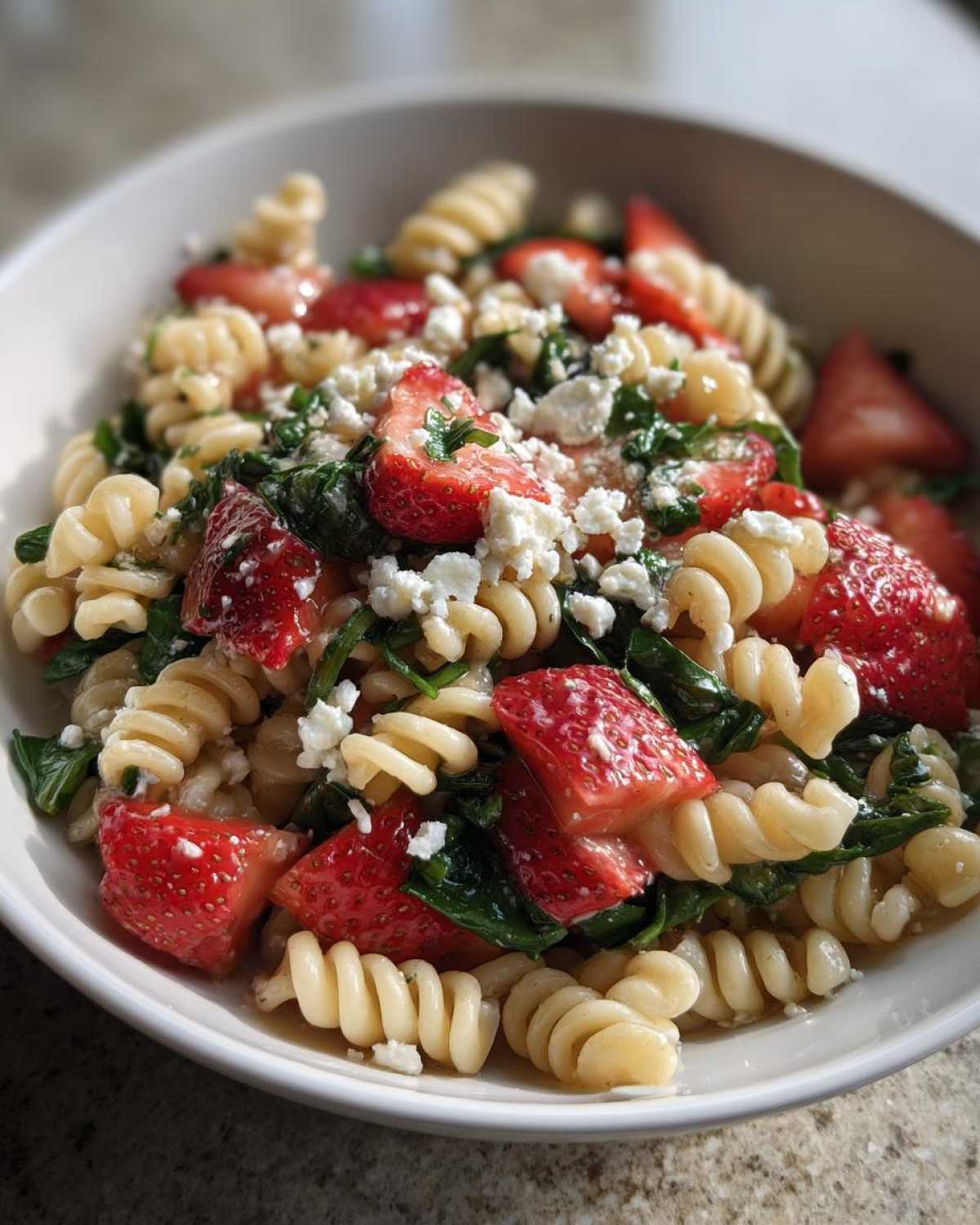 Close-up of Easy Strawberry Spinach Pasta Salad with Feta, featuring rotini pasta, sliced strawberries, and crumbled feta.