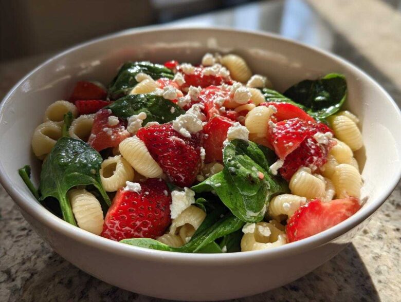 Close-up of Easy Strawberry Spinach Pasta Salad with Feta featuring shell pasta, bright red strawberries, and green spinach.