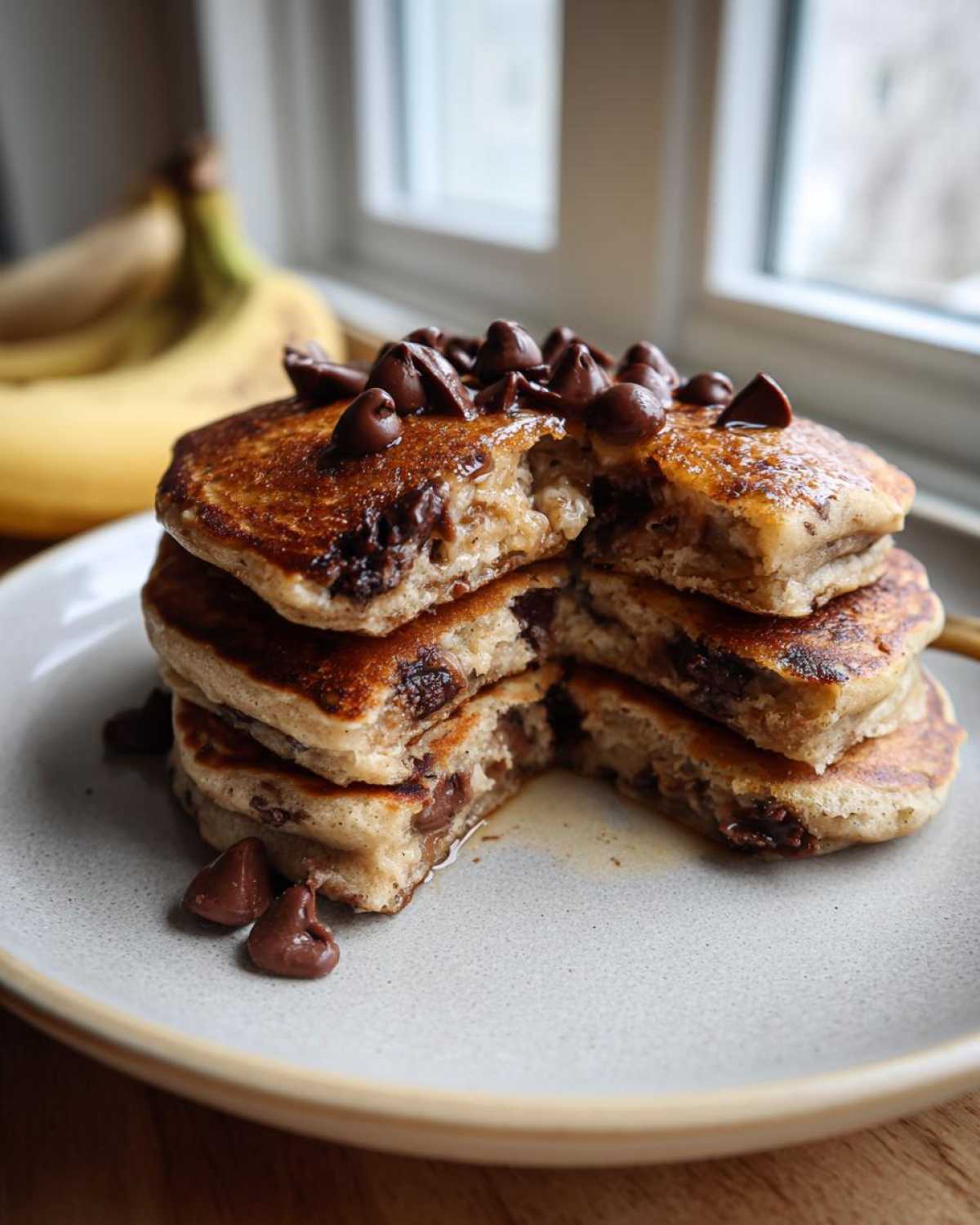 A stack of fluffy Gluten-Free Chocolate Chip Banana Pancakes cut open to show melted chocolate chips inside.